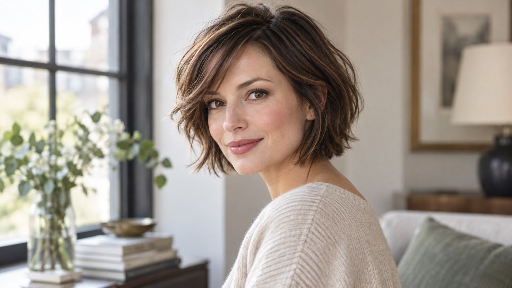Woman with a heart shaped face and chin length bob
