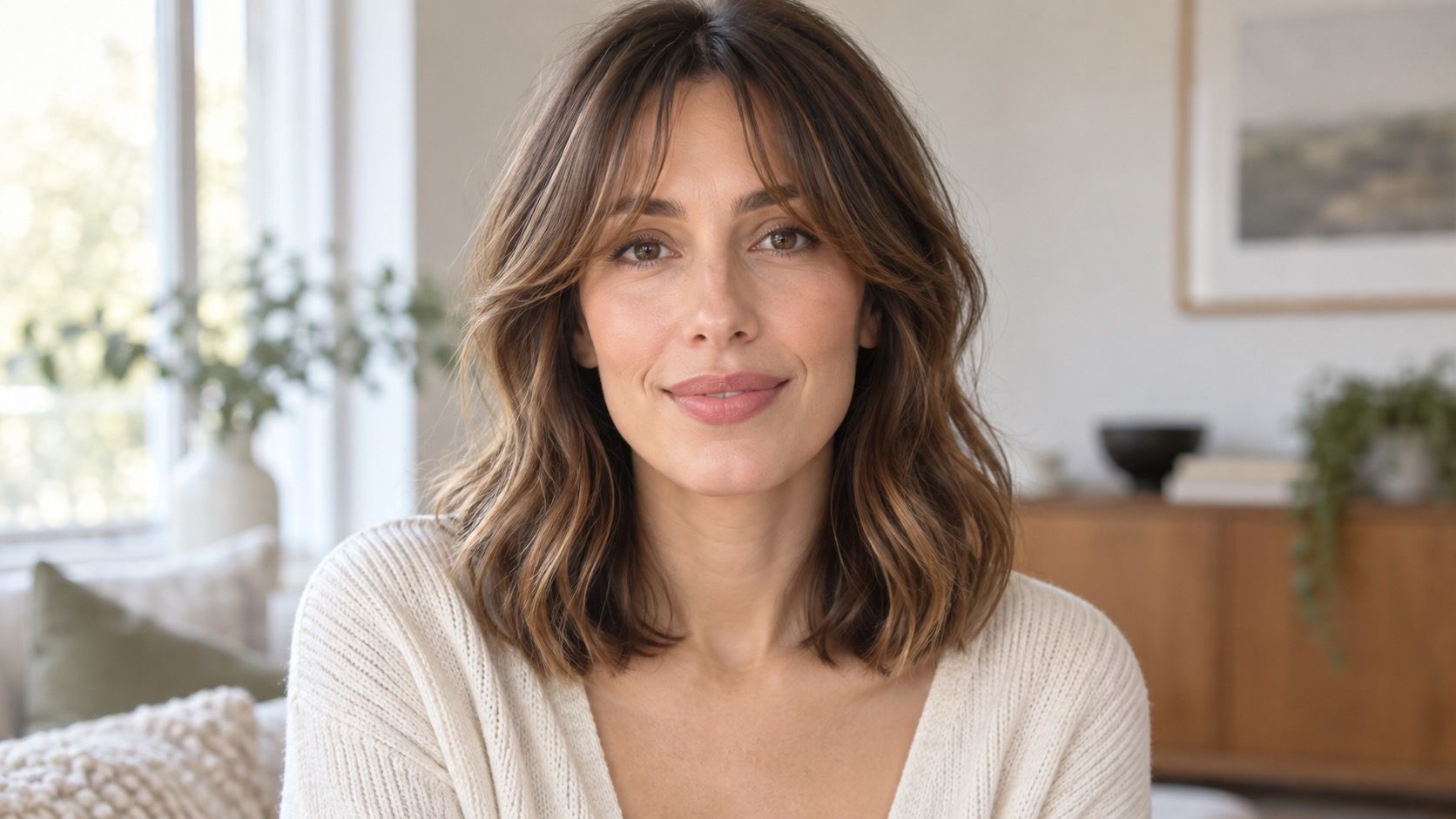Woman with an oblong face shape and full fringe