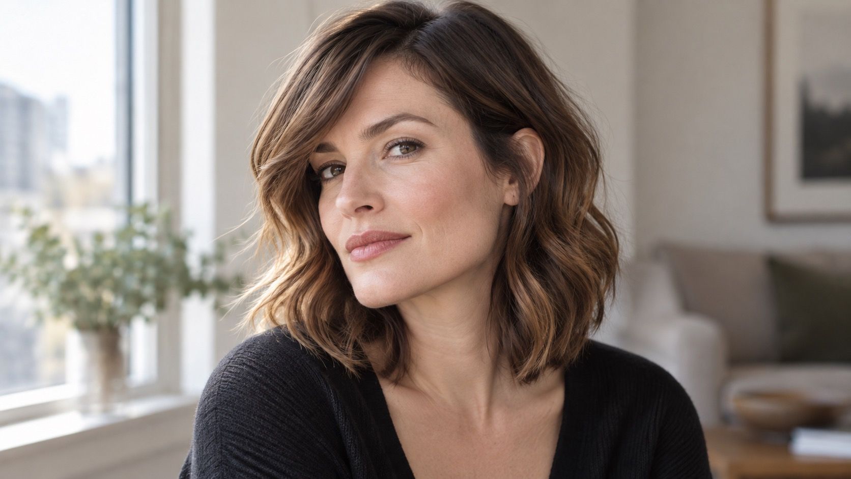 Woman with a square face shape and softly layered hair